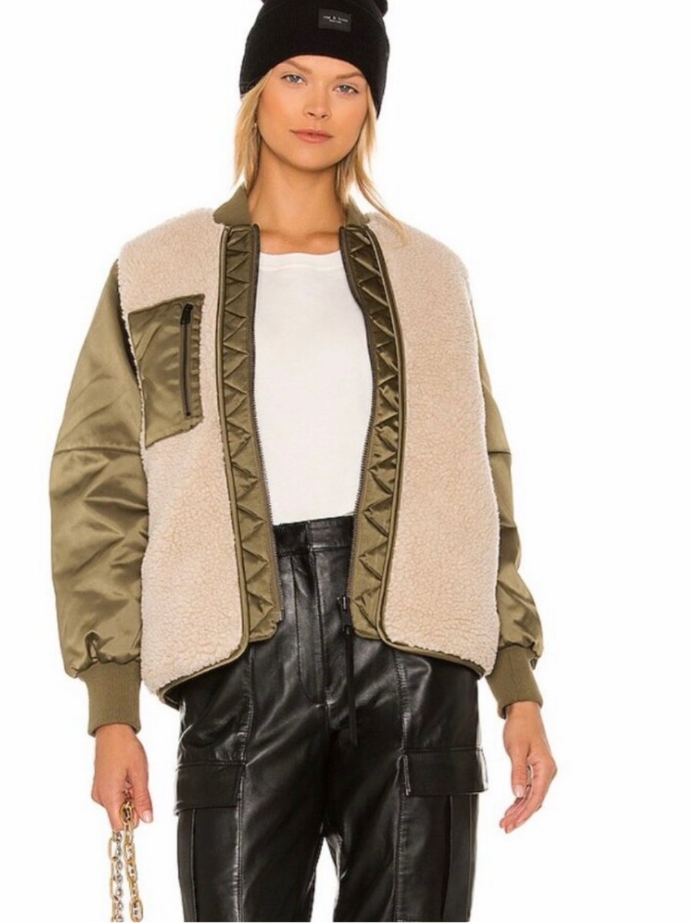All Saints Olive Satin and Cream Sherpa Mixed-Media Bomber